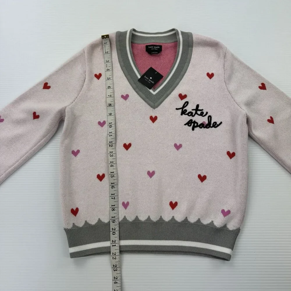 Kate Spade New York Sweater Womens Small Pink Heart V Neck Cotton NWT